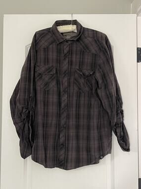 Machine 1971 Men’s Gray Plaid Western Long Sleeve Button Down Shirt XL Grunge